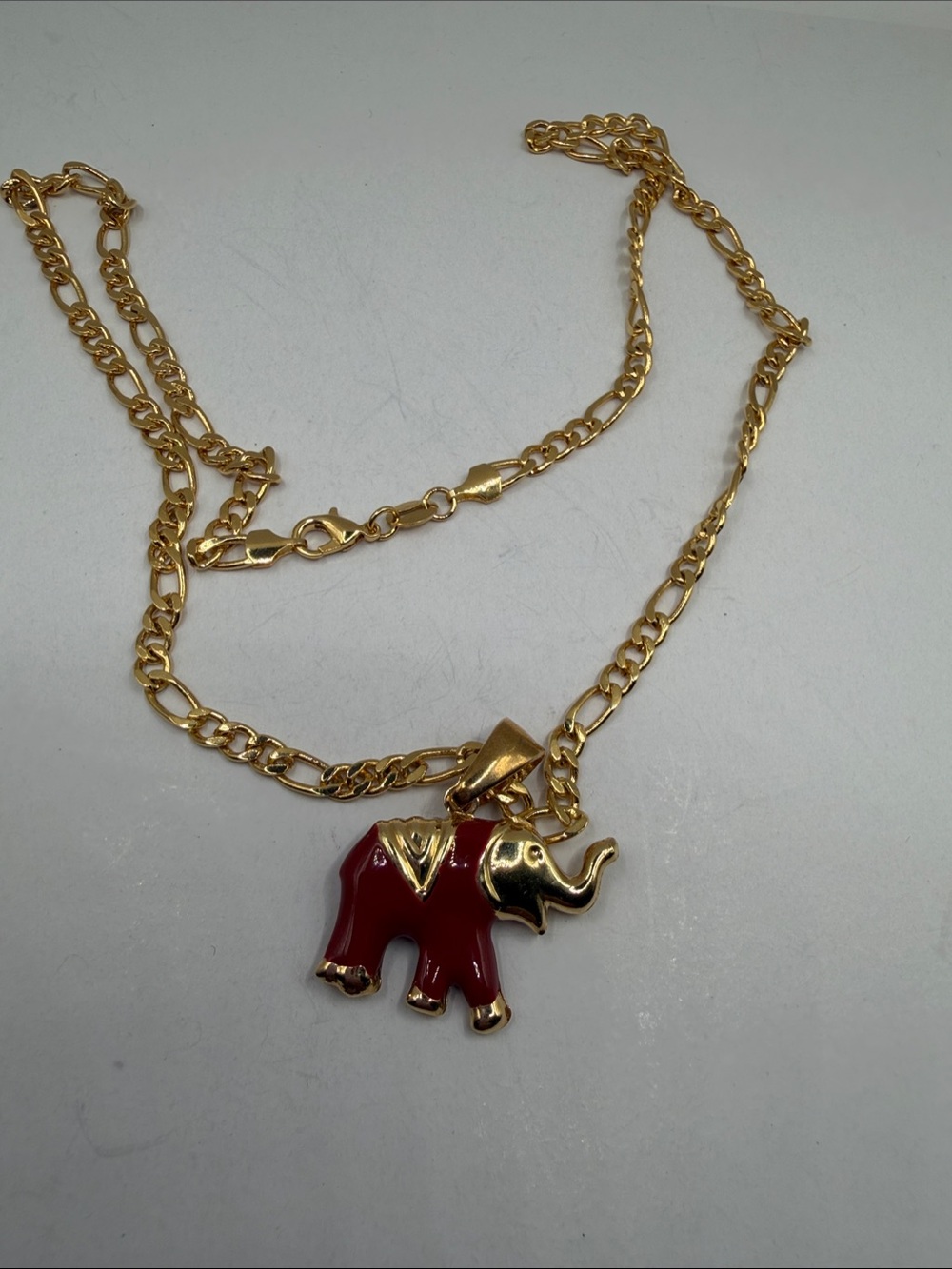Gold Plated Chain Necklace with Red Elephant Pendant - Women Jewelry